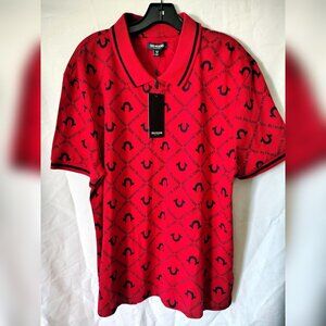 $79 NWT True Religion Size L Color TRV Red Zip AOP Relaxed Polo
